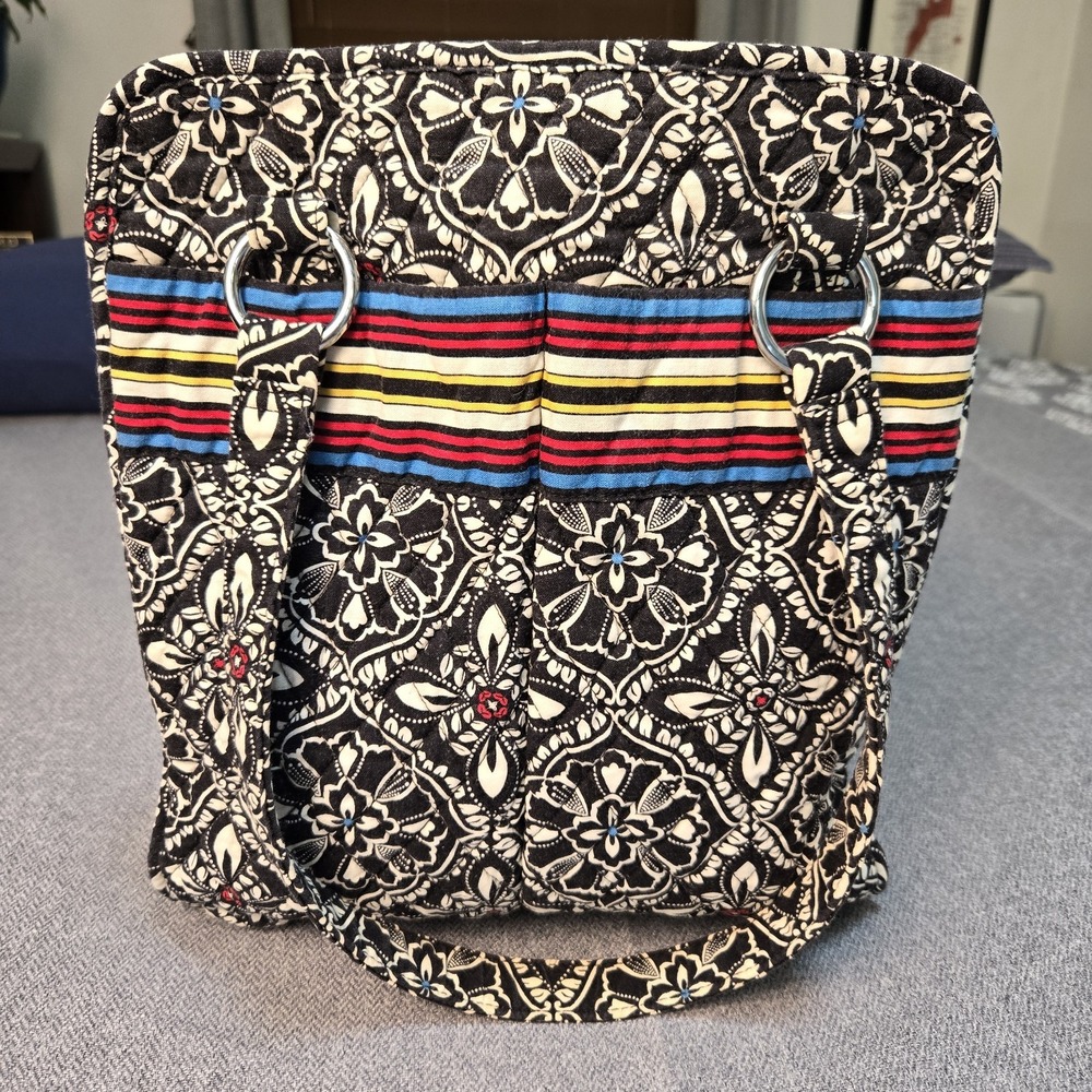 Vera Bradley Barcelona Tote Bag Black White Floral Stripe Quilted Shoulder Purse